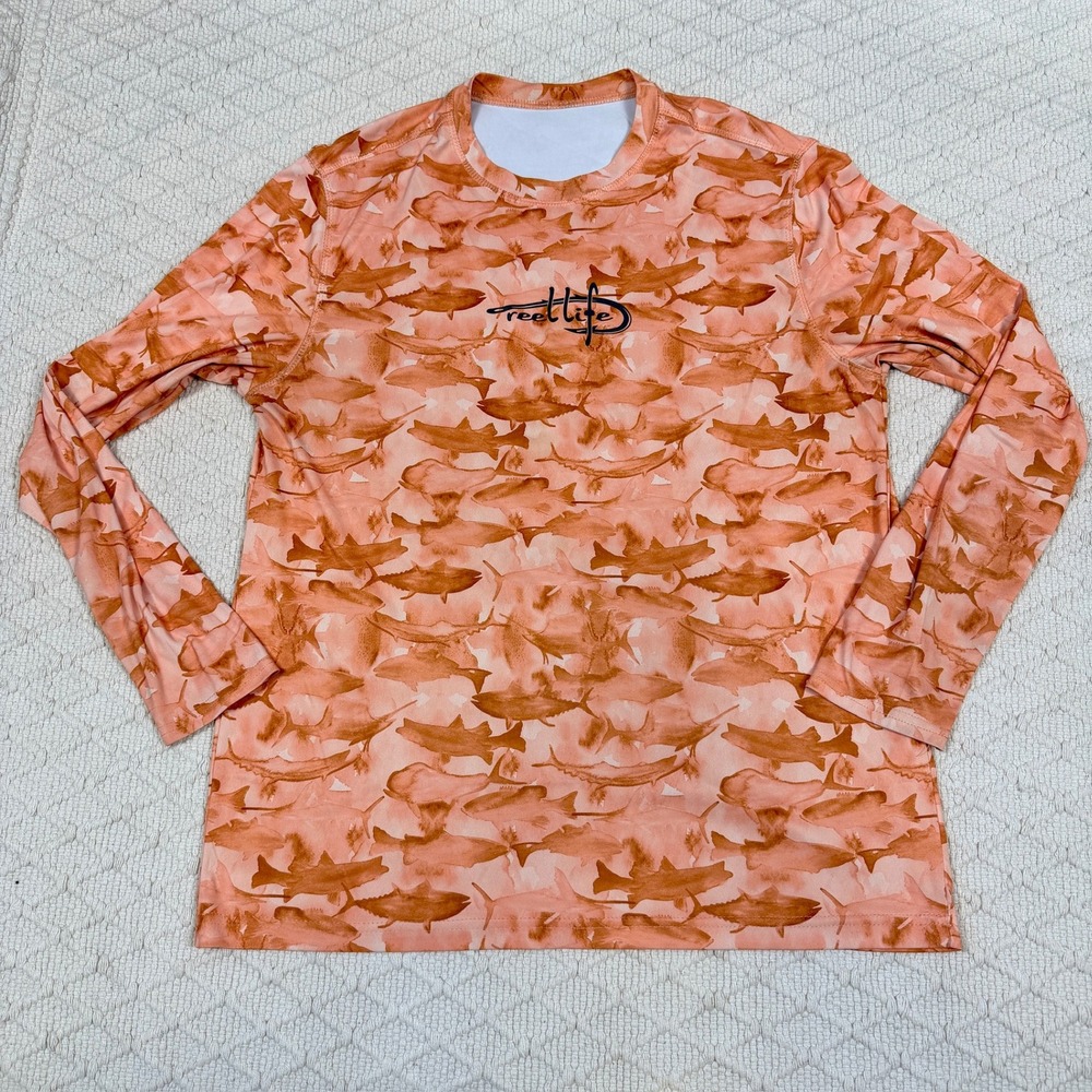 Reel Life Mens Orange Fish Print Long Sleeve Performance Fishing Sun Shirt L